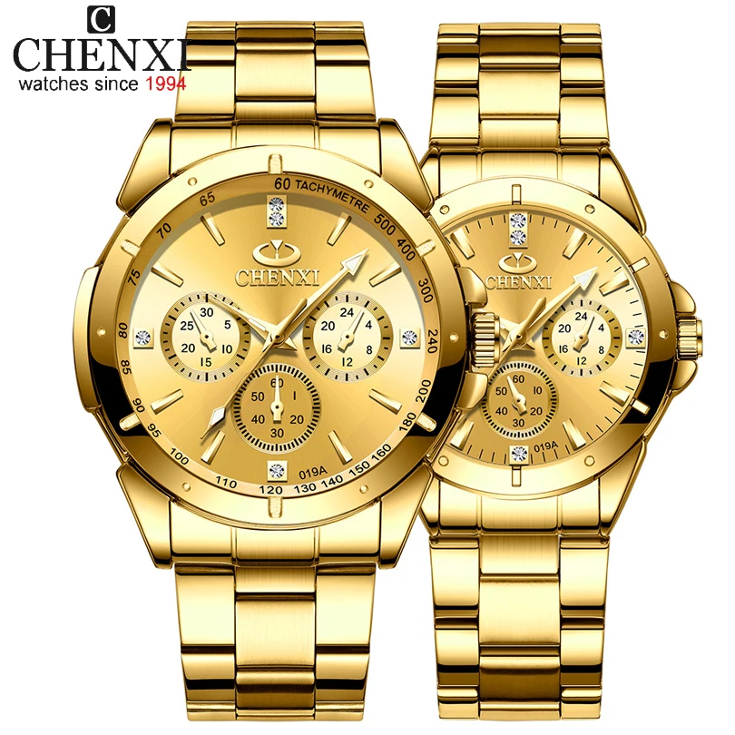 Marca superior CHENXI Set reloj hombres mujeres lujo cuarzo dorado pareja reloj de pulsera impermeable reloj de acero inoxidable relojes para hombre y mujer