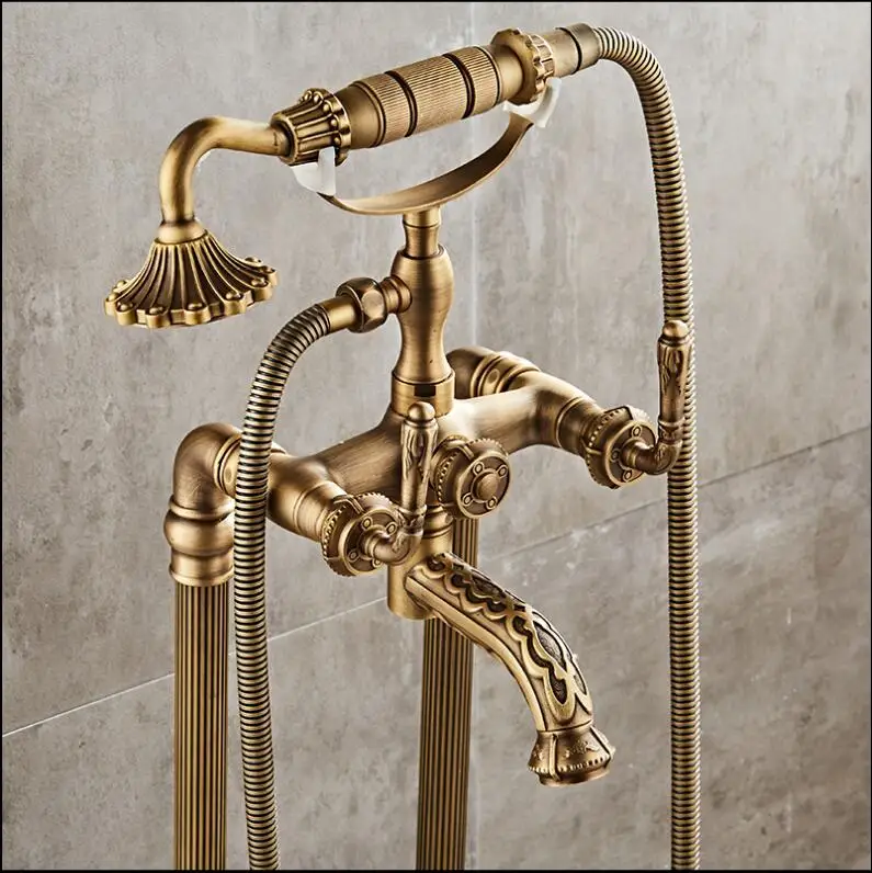 Imagem -03 - Esculpida Banheira Faucet de Bronze Sólido Luxo Floor Standing Torneira da Banheira Banheiro Antigo Dupla Lidar com Chuveiro Handheld Guindaste