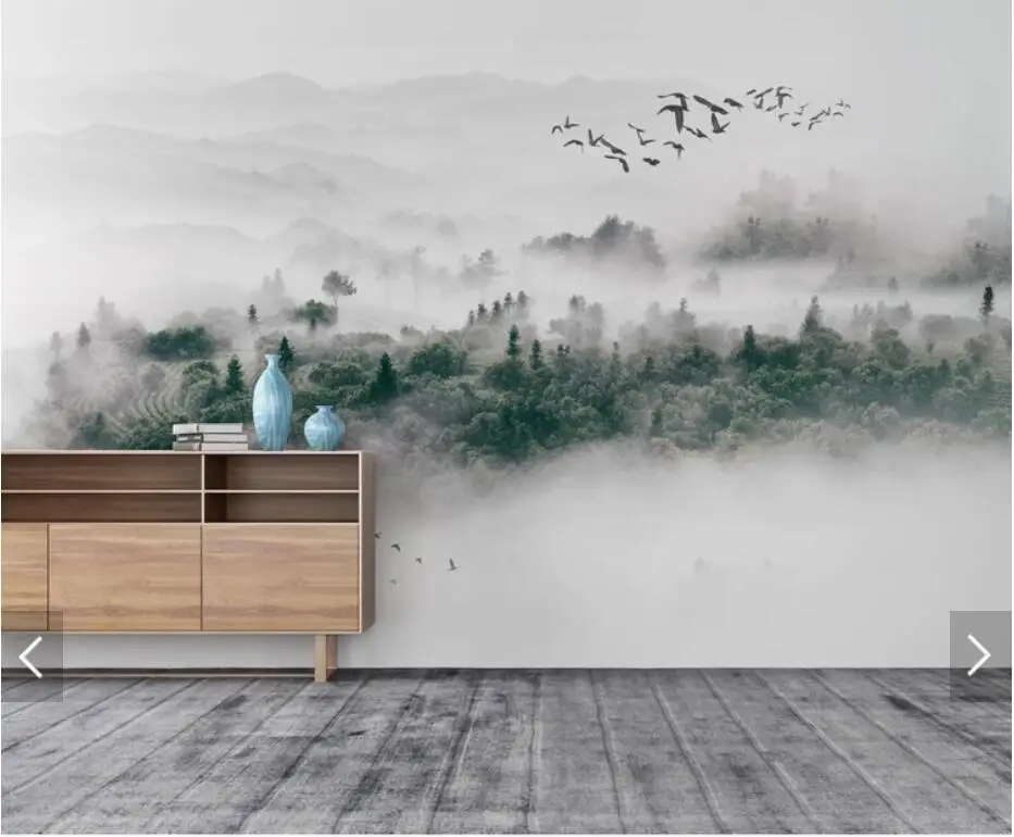 

Misty Forest Wallpaper Flying Birds Mural for Living Room 3d Wall s Photo Nature Foggy Pine Forests Wall