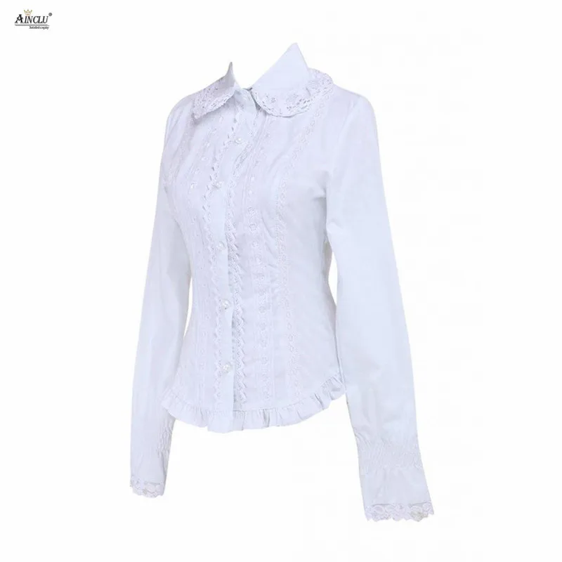 White Womens Lolita Blouse Cotton Lace Long Sleeves Natural Girls Fashion Lolita Top Casual  Party Club Ainclu XS-XXL