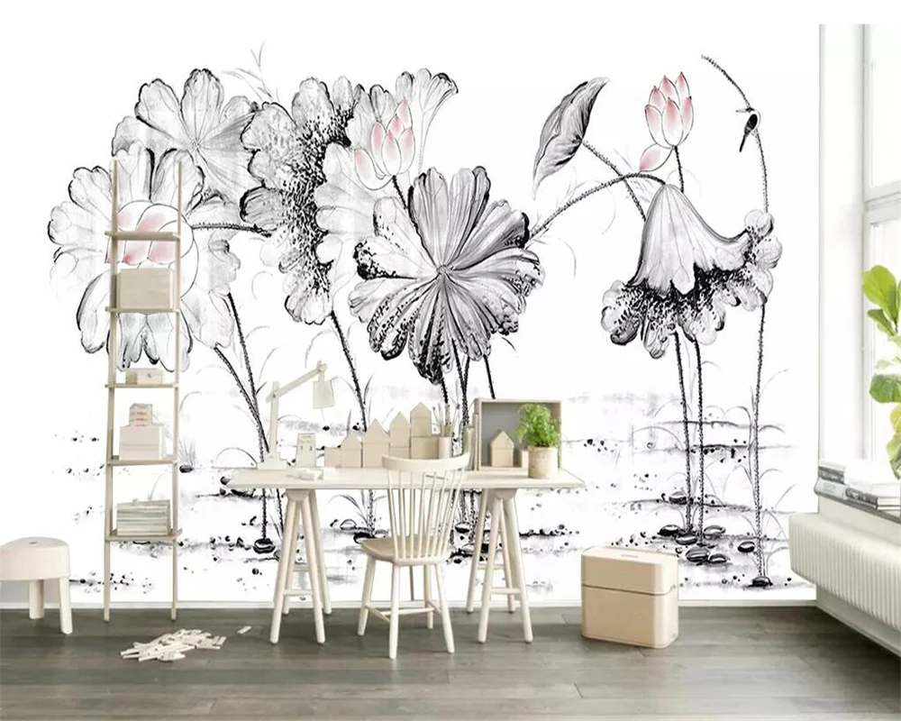 

Chinese home decoration background walls vintage lotus hand painted background TV 3d wallpaper background wall murals