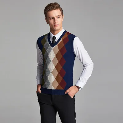 

Men's Wool Sleeveless Sweater Spring & Autumn Argyle Pattern Cashmere Knit Vest Male Fashion Plaid V-Neck Waistcoat