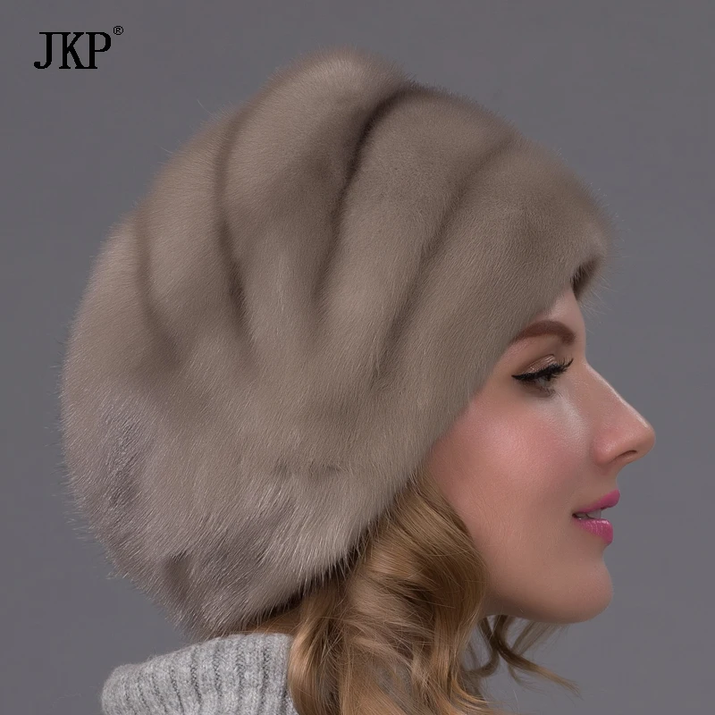 JKP Genuine Real Natural Whole Fur Mink Fur Hat New Russia Lady Women Winter warm Ear Protection Casual Floral Visors Caps