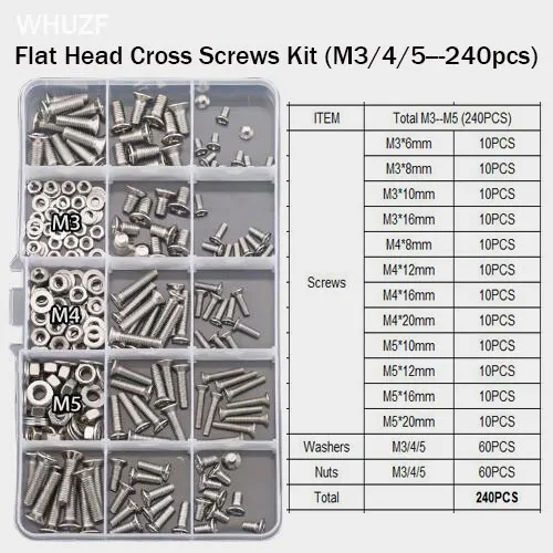 

M3 M4 M5 Phillip Flat Head Machine Screw Metric Thread Cross Countersunk Bolt Nut Flat Washer Assortment Kit Set Stainless Steel