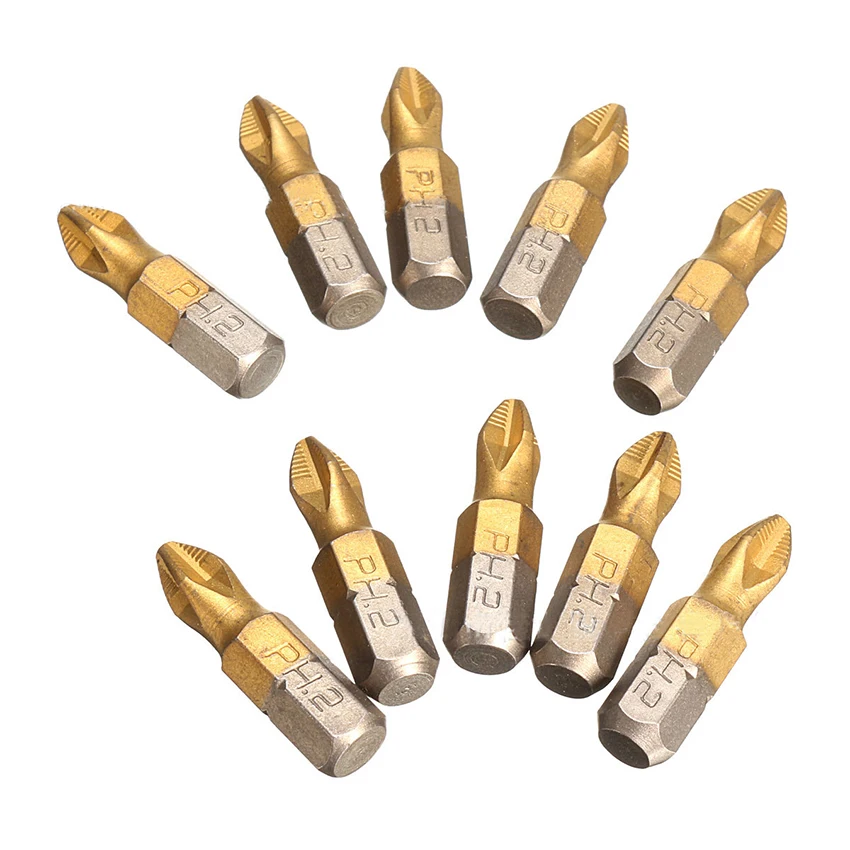 Jeu de 10 embouts antidérapants PH2 revêtus de titane, tournevis électrique à tige hexagonale de 1/4 "avec pointe magnétique, 25mm/50mm