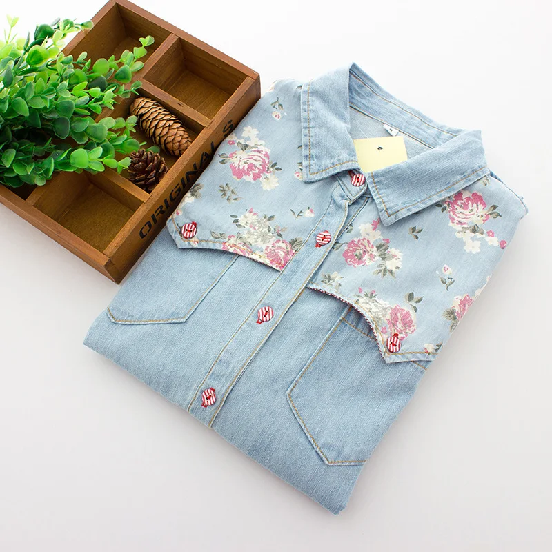 Autumn Denim Blouse Plus Size 4XL Women Loose Tops Flower Print Patchwork Jeans Blouses Long Sleeve Vintage Shirts Blusas AB327