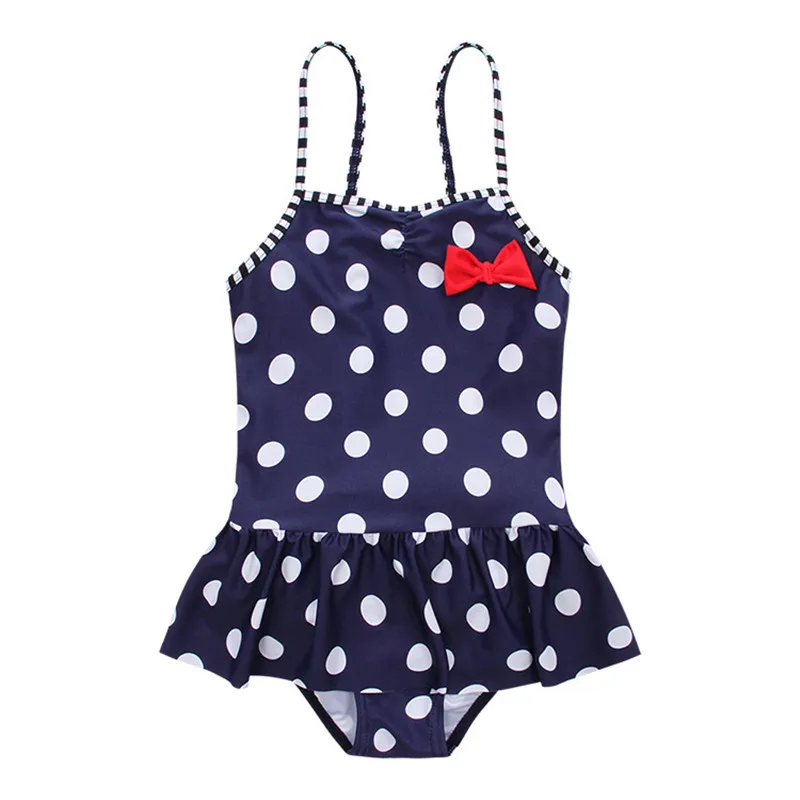 Baby Girl Swimsuit With Skirt Cute Dot Bow Blue One Piece Swimwear for Kids Swimming Suit Children Bather 2-10 Y