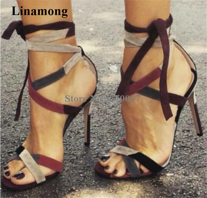 Newest Women Fashion Open Toe Suede Patchwork Thin Heel Gladiator Sandals Cut -out Strap Cross Colorized High Heel Sandals