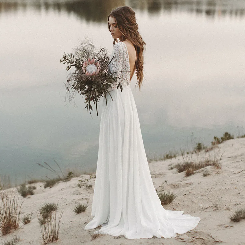 LORIE Beach Wedding Dresses with Sleeves V-Neck Open Back Boho Bridal Gowns Chiffon Russia wedding dress with Train Lace  Dress