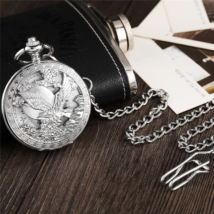 Full Silver Eagle Steampunk Luxury Mechanical Pocket Watch Men Vintage Hollow Skeleton Watch Fob Clock Male Unisex Watch