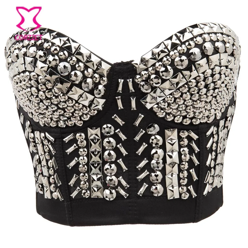 

Corzzet Sliver&Gold Resin Gems Beading Gothic Bra Top Sexy Bustier Underwear Women Bra Push Up Bralette Punk Rock Brassiere