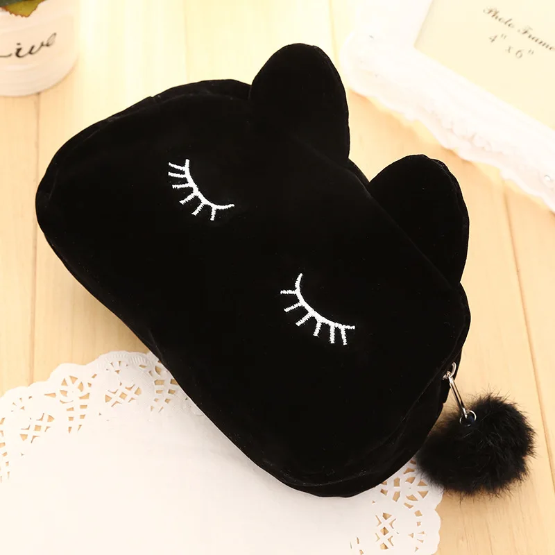 Fashion Kawaii Velvet Cat Pencilcase Fur Ball Zipper Pencil Case School Office Supply Student Stationery Woman Makeup Hand Bag