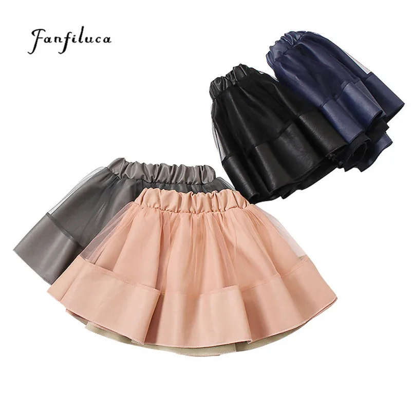 Fanfiluca Girls Skirts 2018 New Baby Girl PU Faux Leather Mesh Patchwork Skirt Autumn Clothes Girls 8 Years Pink Tutu Pettiskirt