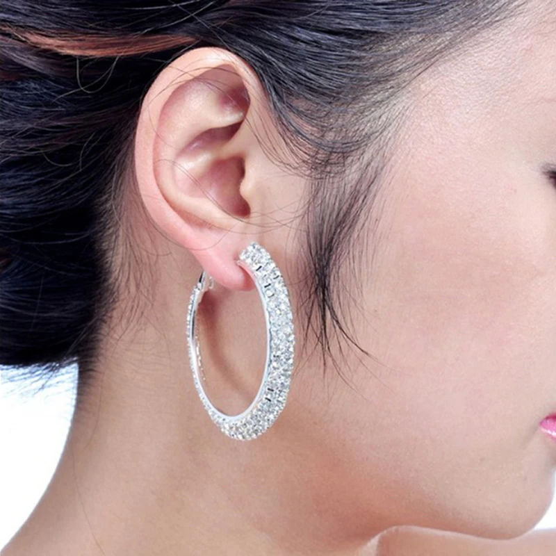 TREAZY Fashion Women Jewelry Silver Plated 40MM 2Rows Diamante Rhinestone Crystal Earrings Round Hoop Earrings Wedding Jewelry