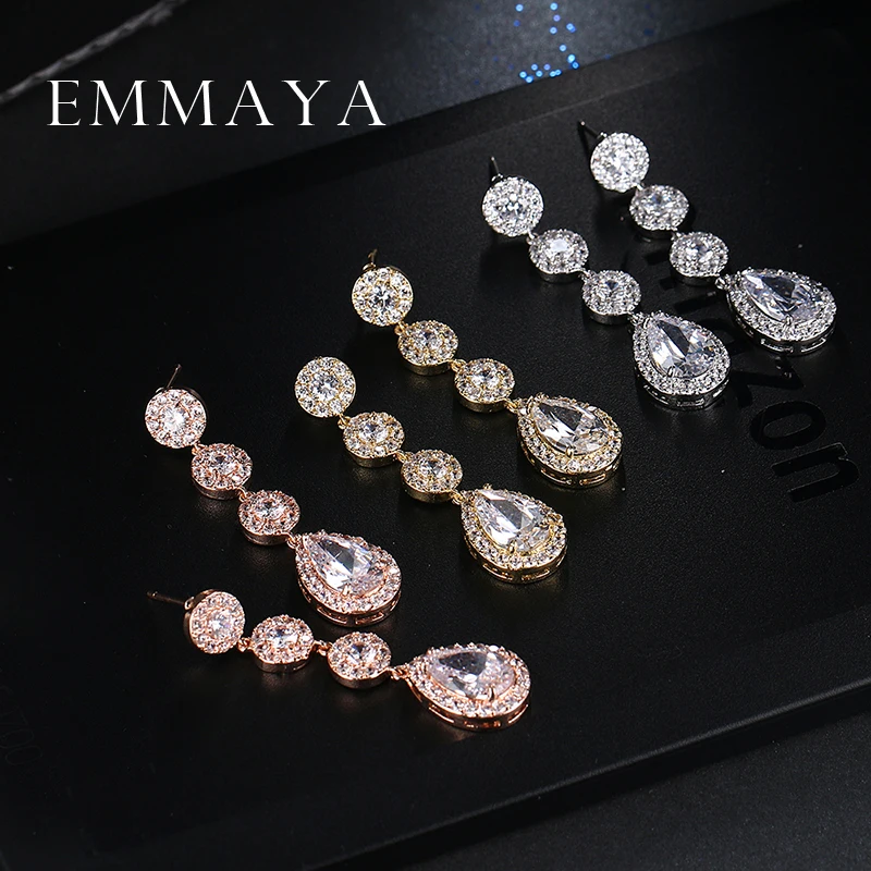 Emmaya Glittering Water-Drop AAA Cubic Zirconia Long Drop Earrings Luxury Brincos Bride Wedding Jewelry Christmas Gift
