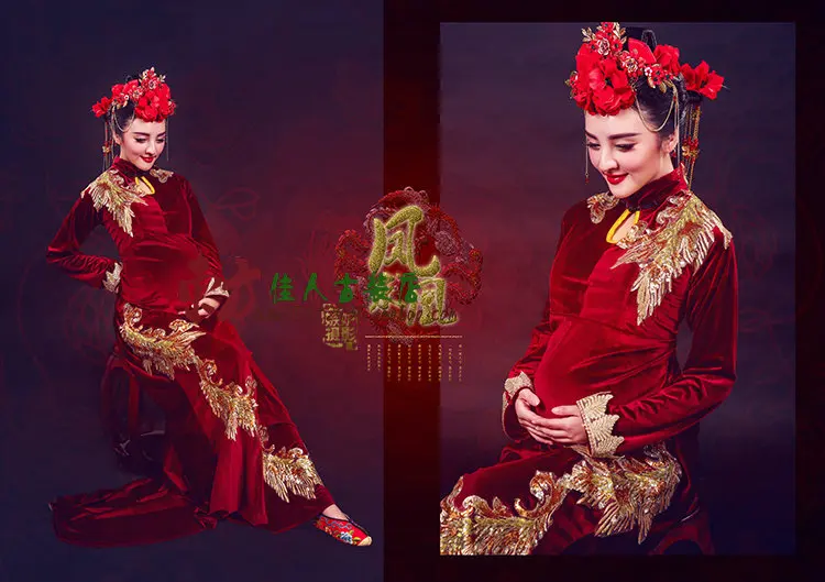 Feng Qiu Huang Red Phoenix Cheongsam Chinese Style Personality Photography Costume for Pregnant Mummy Thematic Costume Hanfu