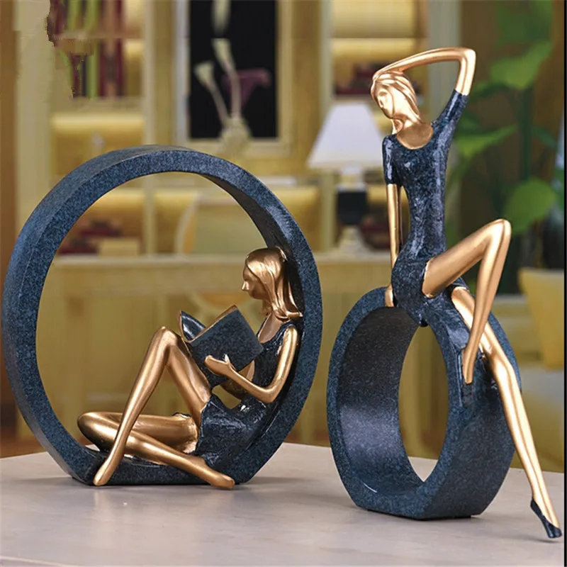 1 set 2 pcs Resin Elegant Reading Girl Sculpture Statue Figurine Reader Ornament Home Wine Cabinet Living Room Decoration