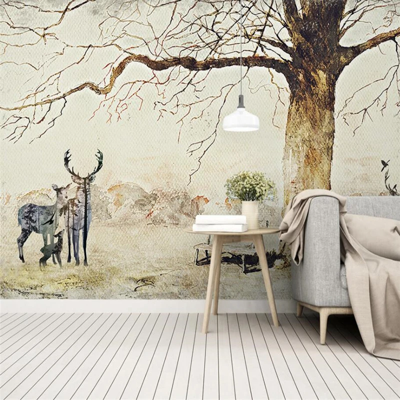 

wellyu Modern pastoral Elk tree scenery TV background wall custom large mural green wallpaper papel de parede para quarto