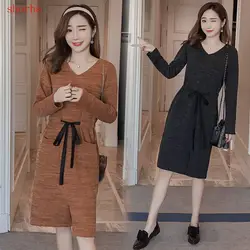 Fashion Autumn Maternity Nursing Dress Long Sleeved Slim Ties Waist Knitted Breastfeeding Clothes for Pregnant Women Pregnancy