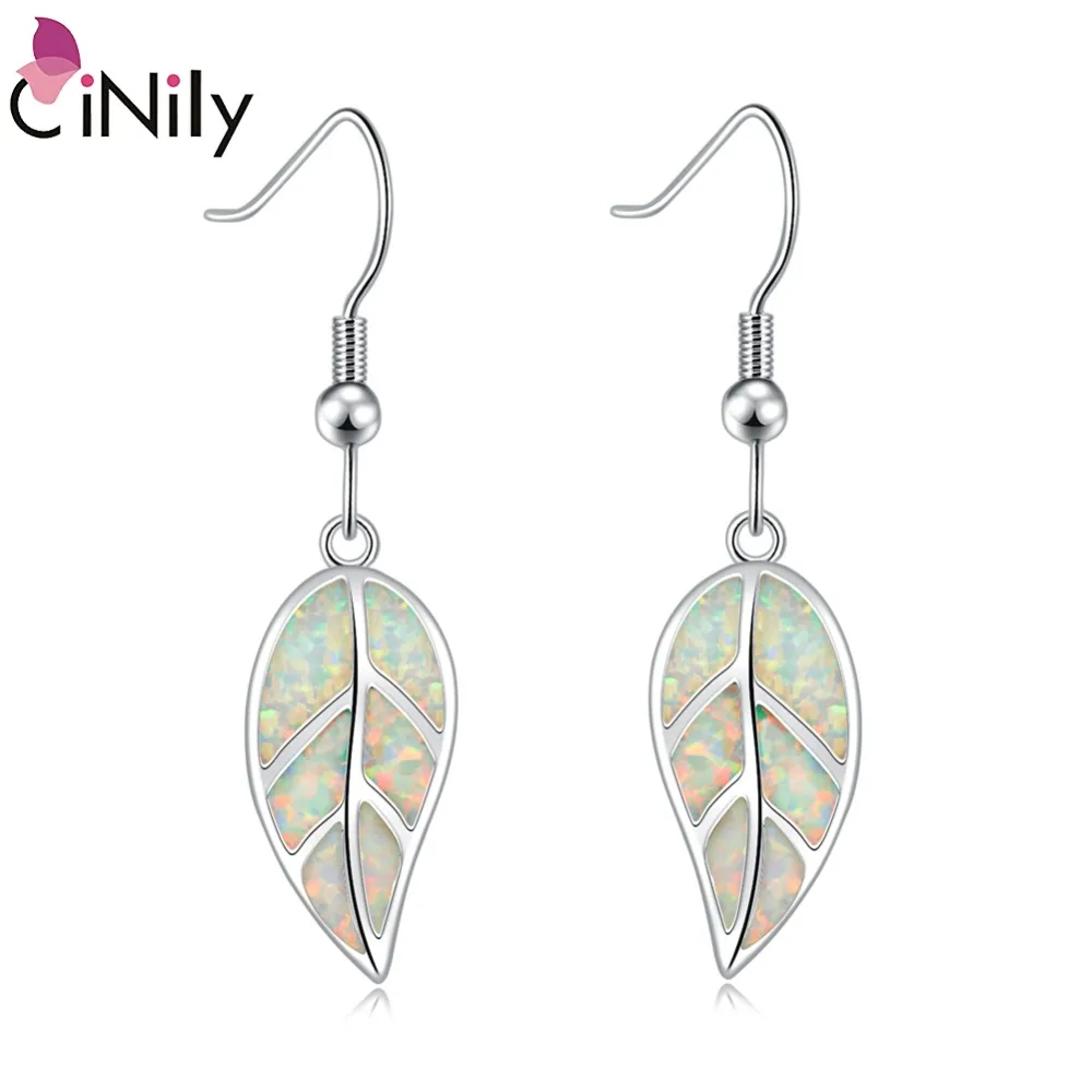 

CiNily White Fire Opal Drop Earrings Silver Plated Tree Leaves Leaf Plant Dangle Earring Fashion Summer Jewelry Gifts Girl Women