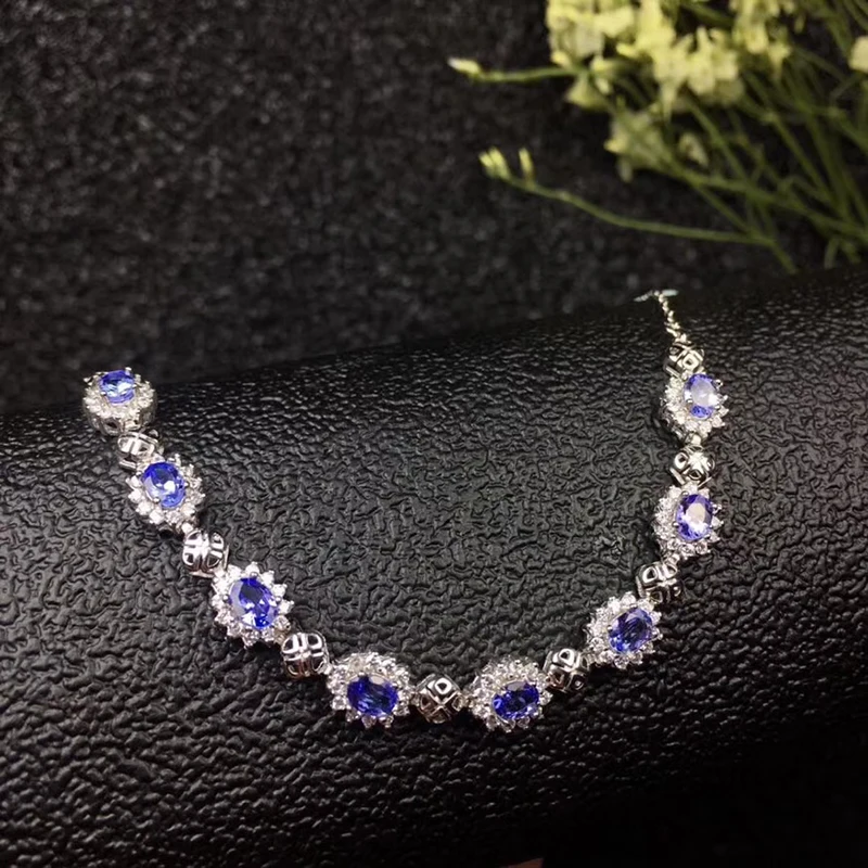 Dazzling Tanzanite Bracelet for Lady 8 Pcs Natural Tanzanite Silver Bracelet Solid 925 Silver Tanznaite Jewelry Birthday Gift