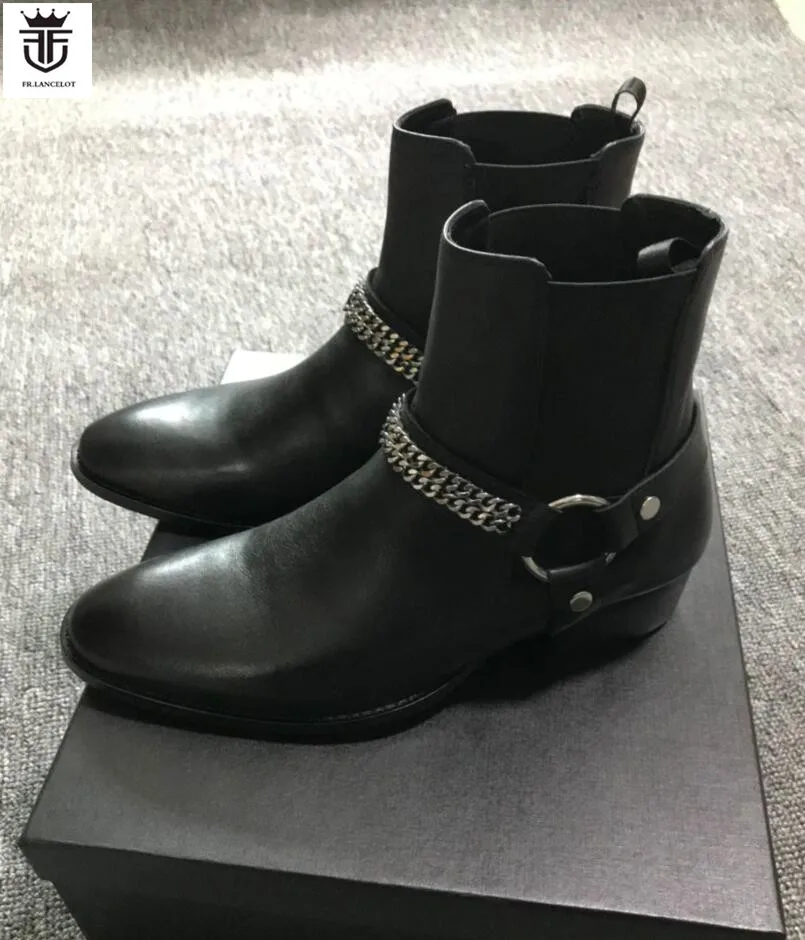 FR.LANCELOT 2020 New real Leather men Ankle Boots Fashion sliver chains Chelsea shoes Boots Men\'s Fashion Spring Autumn Boots