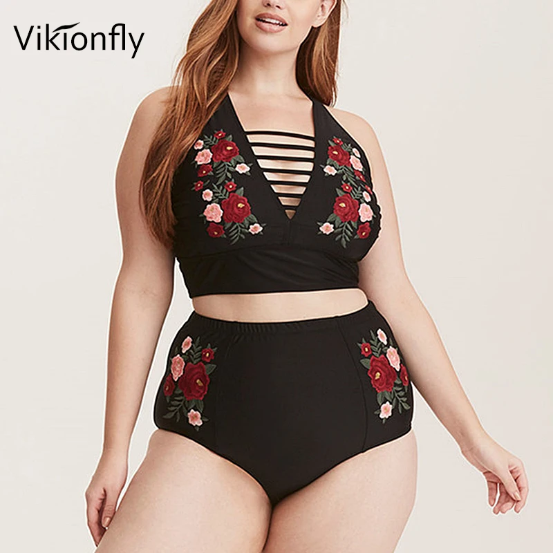 Vikionfly 5XL Super Plus Size Swimwear Bikini Women 2021 Lace Push Up High Waist Large Size Swimsuit Black Floral Bathing Suit