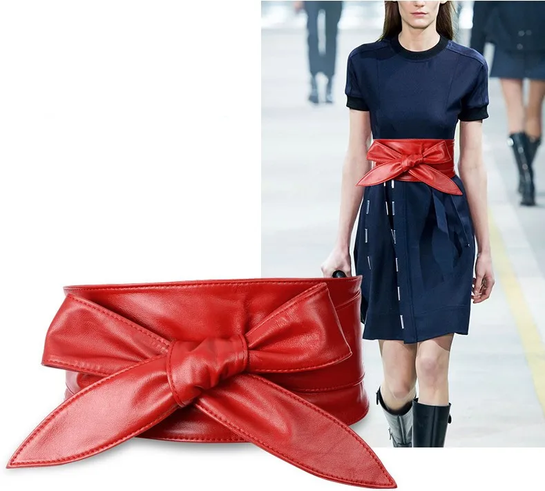 Free Shipping New Popular Long Black Soft Leather Cummerbands Bow Wide Waistband Hot Brand Belts Bowknot Cummerbund Dress Women