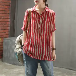 2021 New Summer Women Shirt Short Sleeve Loose Casual Ladies Tops Striped Cotton Linen Vintage Female Blouse D4