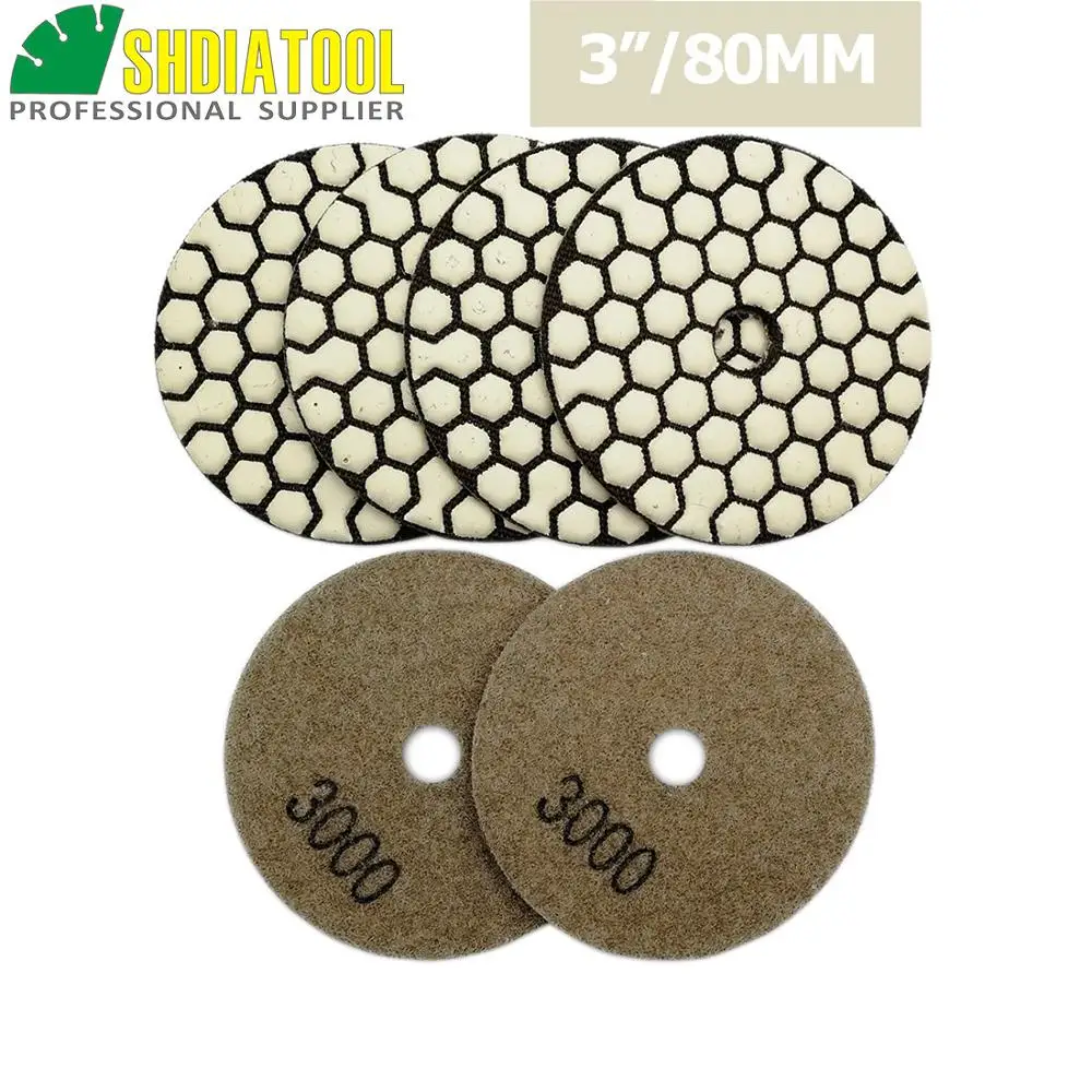 

SHDIATOOL 6pcs 80mm #3000 Resin Bond Flexible Diamond Dry Polishing Pads For granite marble ceramic Diameter 3inch Sanding Disks