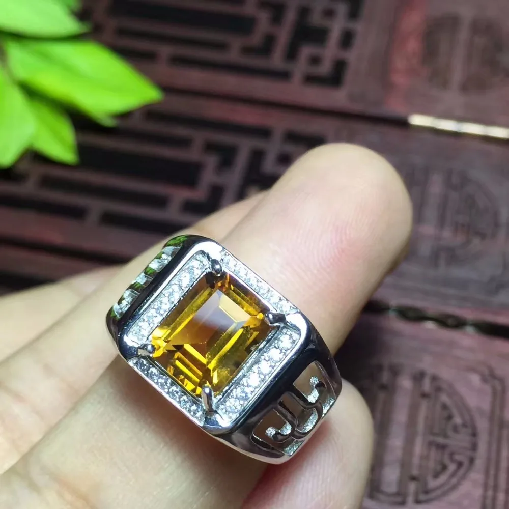 Natural citrine men's ring, beautiful color, atmosphere, hollow craft, 925 silver