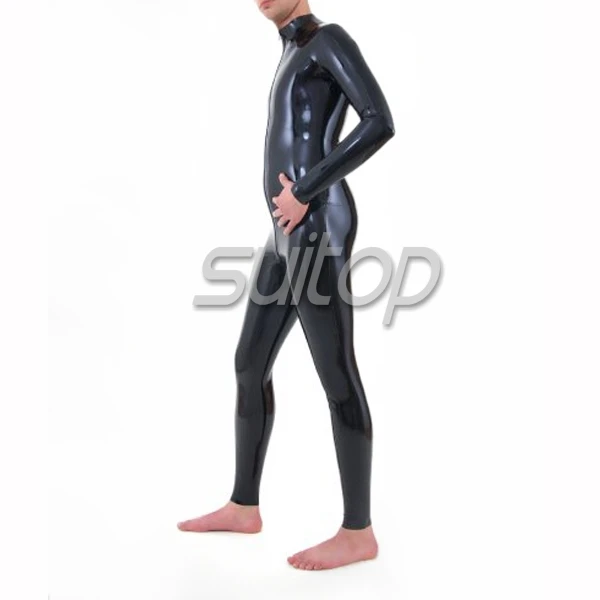 Nature rubber latex classical catsuit for man with front zip in 0.4 mm black