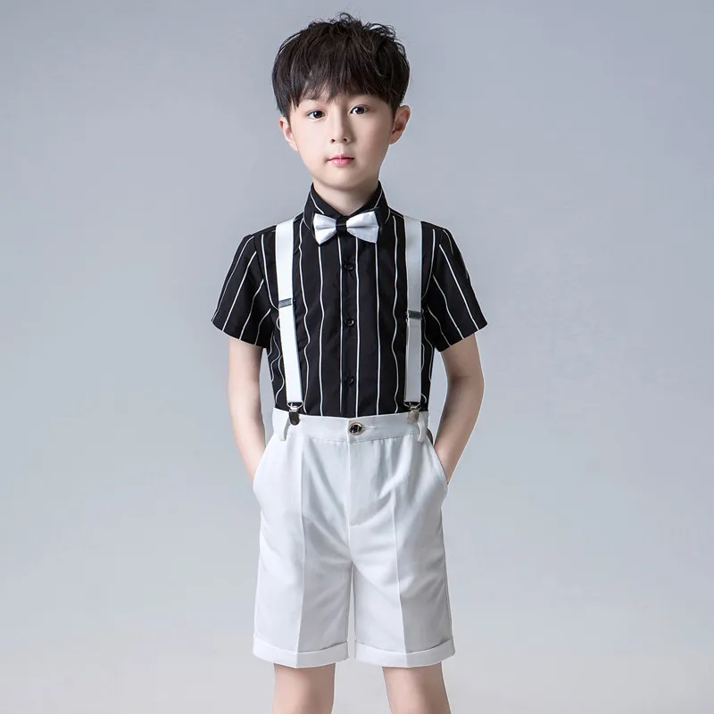 

Kids Formal Dress Boys Girls kindergarten School uniforms suit Shirt+Shorts +Overall+Tie Wedding Party Clothing Set Costume