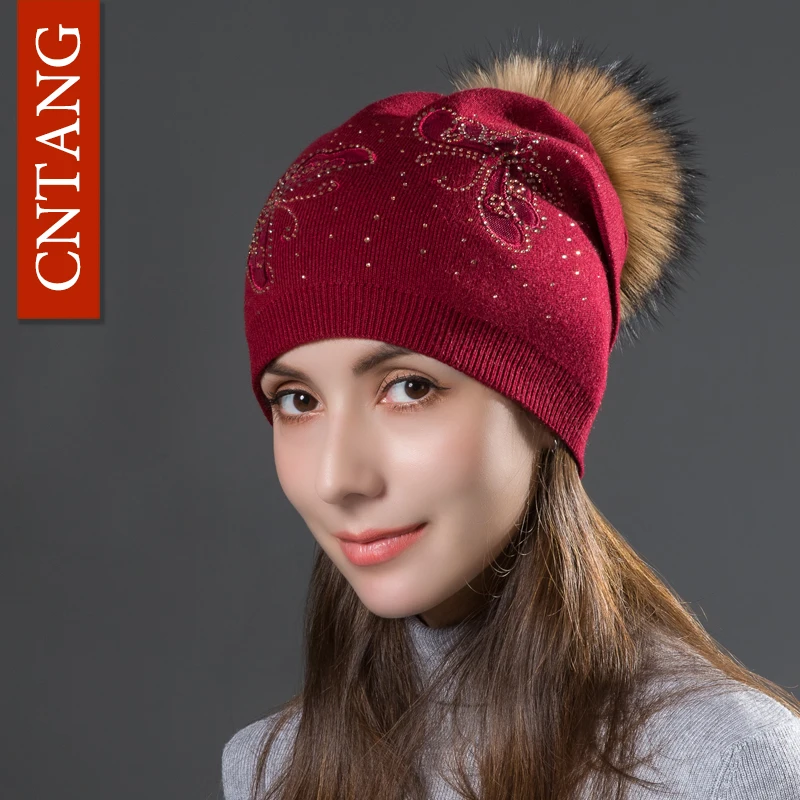 CNTANG Fashion Rhinestone Butterfly Knitted Wool Caps Autumn Winter Warm Women's Hats For Natural Raccoon Fur Pompon Beanies Hat