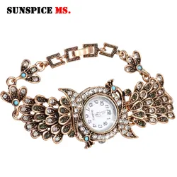 SUNSPICE MS Ethnic Indian Peacock Charm Bracelet Wrist Watch For Women Antique Gold Color Ladies Party Cuff Jewelry Wholesale