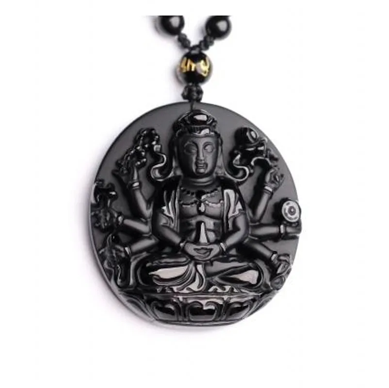 Natural Black Obsidian QianShou Buddha Carved Lucky Amulet polish pendant Necklace Buddha pendants