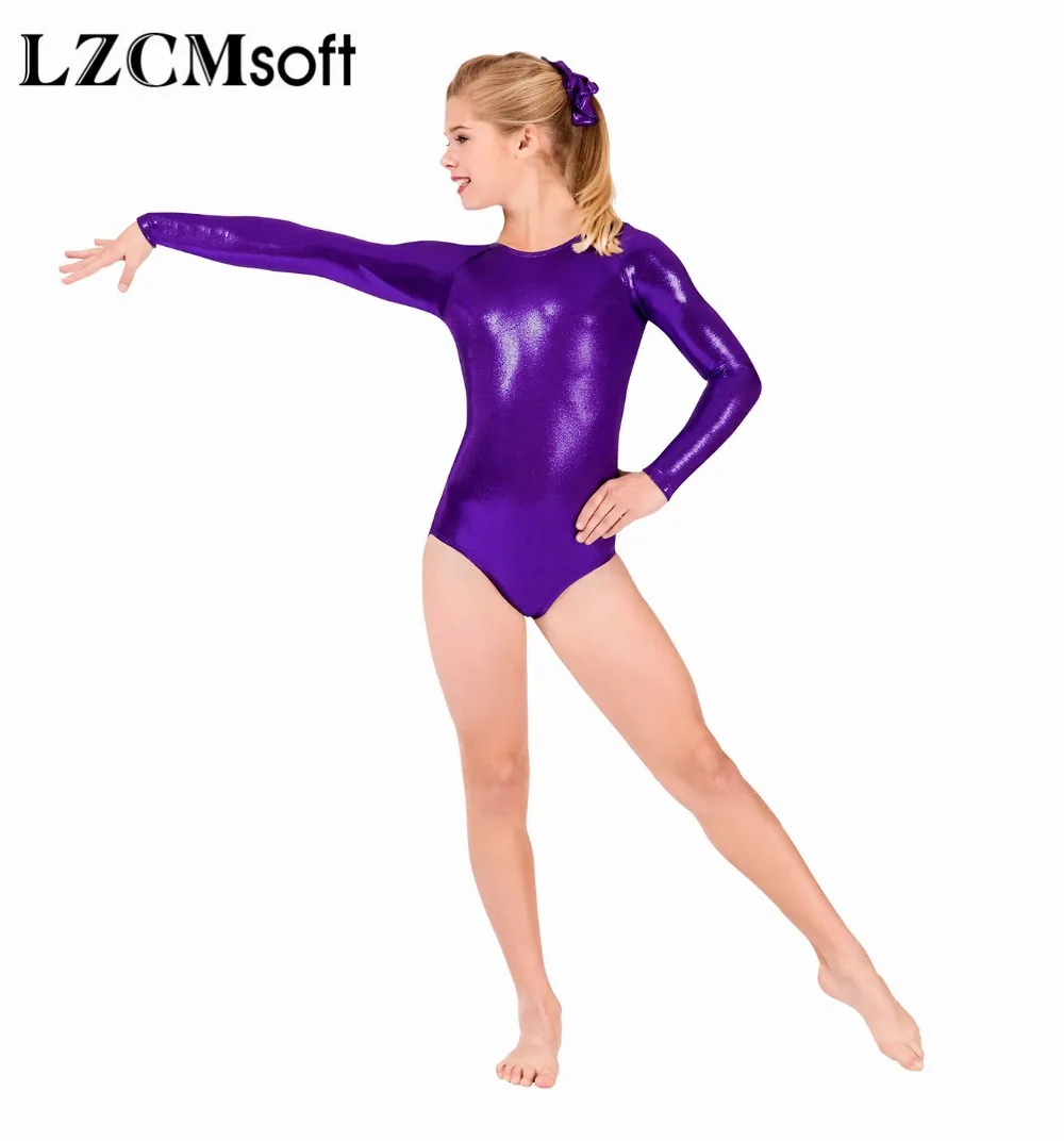 Lzcmsoft Meisjes Lange Mouwen Zilveren Maillots Glanzend Metallic Gymnastiek Leotards Een Stuk Kids Ballet Dansvoorstelling Kostuums