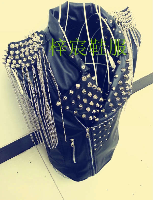 Fashion Slim Non-mainstream Motorcycle Jacket Costume Rivet Male Leather Vest Rivet Bar Performance Men's Stage Singer Costumes