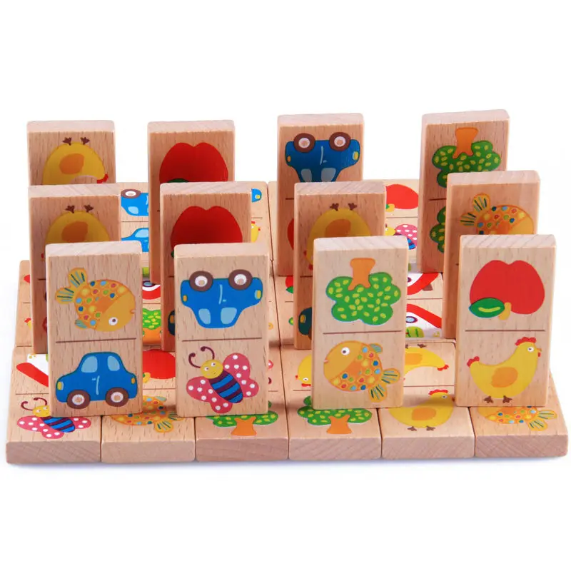 28pcs Baby Wooden Domino Block Toys Cartoon Garden Animal Vehicle Fruit Domino Blocks Toys Building Blocks Educational Matching