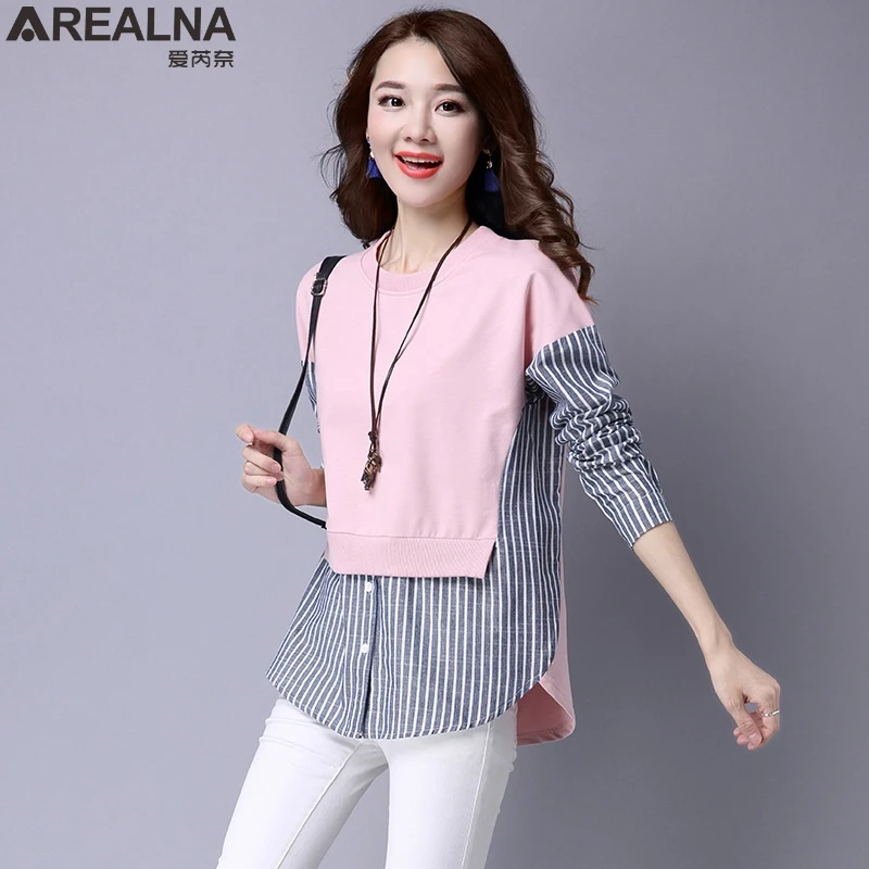 

AREALNA 2022 new autumn Fake Two-Piece Hoodies Casual loose Pullover Vintage stripe Stitching cotton sweatshirt moletom feminino