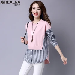 AREALNA 2022 new autumn Fake Two-Piece Hoodies Casual loose Pullover Vintage stripe Stitching cotton sweatshirt moletom feminino