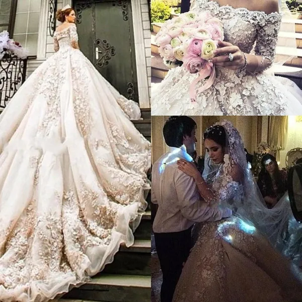 

Luxury Cathedral Wedding Dresses Ball Gown Off Shoulder 3/4 Sleeve Royal Bridal Gown 3D Floral vestido de noiva gelinlik