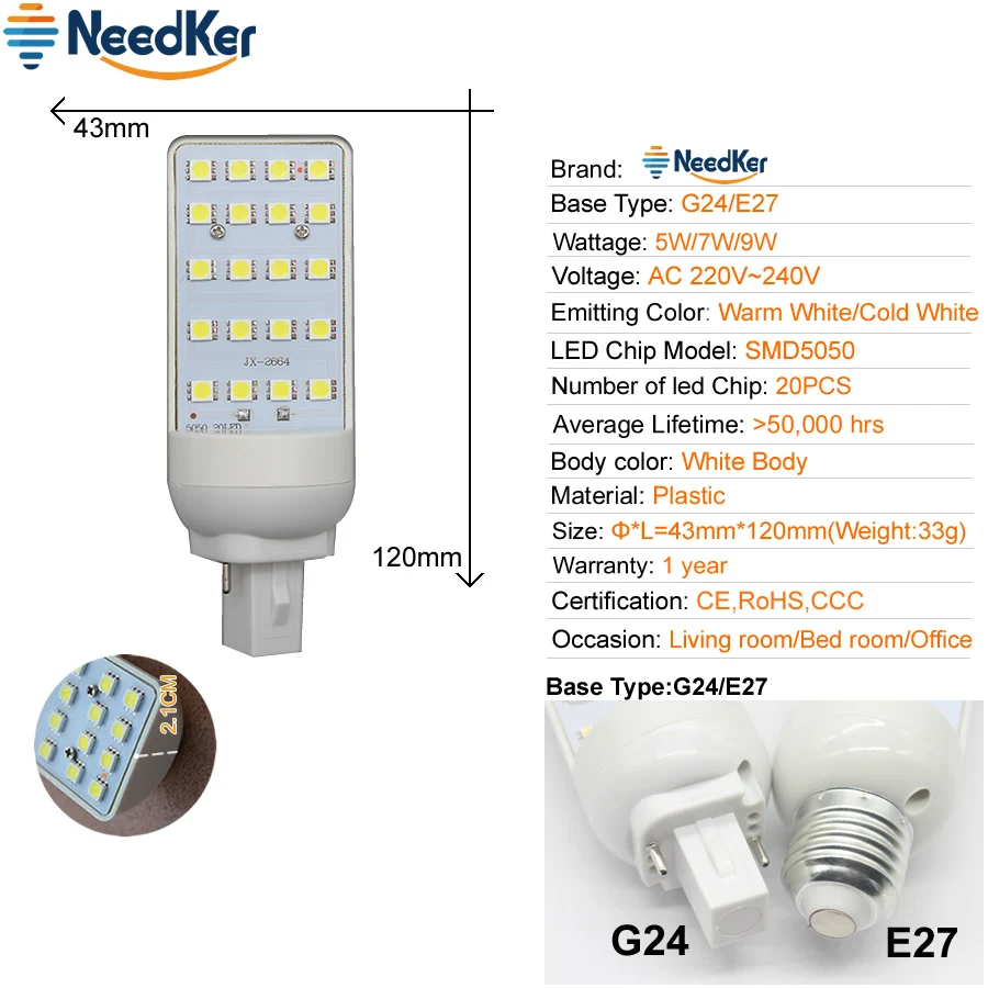 G24 LED Light SMD5050 5W 7W 9W LED Spotlight E27 LED Corn Bulb Lamp AC 220V 230V 240V 180 Degree Horizontal Plug Light