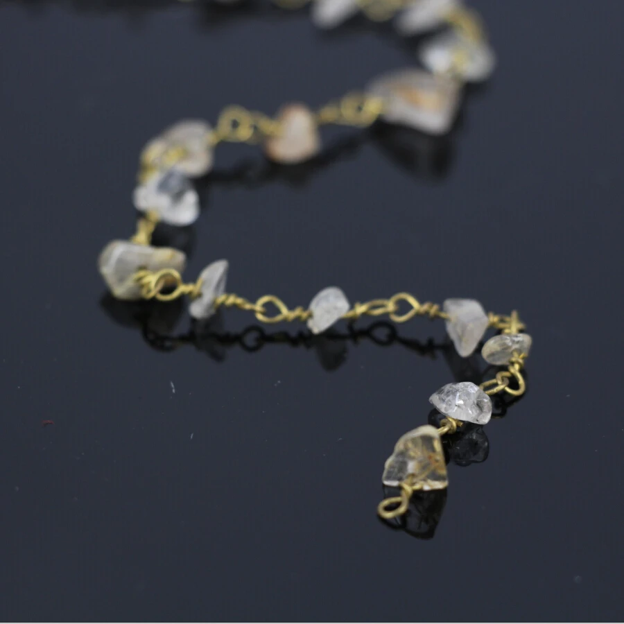 Fashion 5Meter Gold Rutilated Quartz Nugget Chip Bead Link Rosary Chain,plated Wire Wrapped Chain Necklace Jewelry Findings