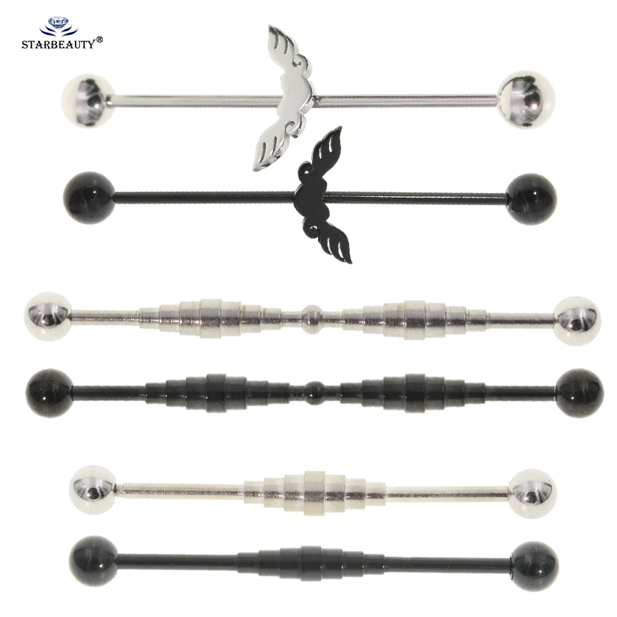 Starbeauty 1pc/lot 38/42mm Wing Heart Barbell Industrial Piercing Helix Earrings Drum Black Stainless Steel Ear Piercing Jewelry