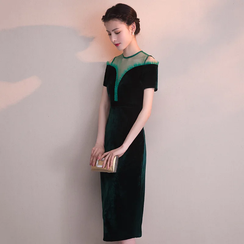 O-Neck Velour Mesh Patchwork Women Cheongsam Summer New Sexy Slim Long Evening Party Dress Gown Vestidos Novelty Clothes