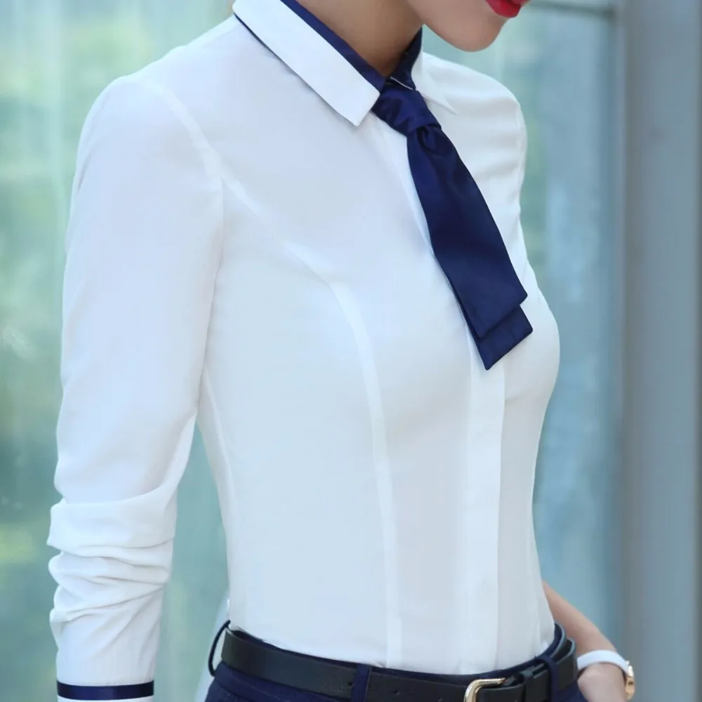 Spring Summer Fashion Female Long-Sleeve Shirt Slim Patchwork Bow Tie Women White Blouse Office Ladies Work Wear Tops