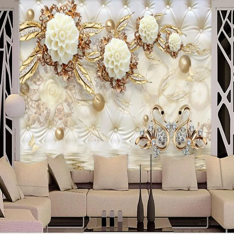 wellyu Custom large fresco 3d luxury gold white flower soft bag ball jewelry TV background wall wallpaper papel de parede