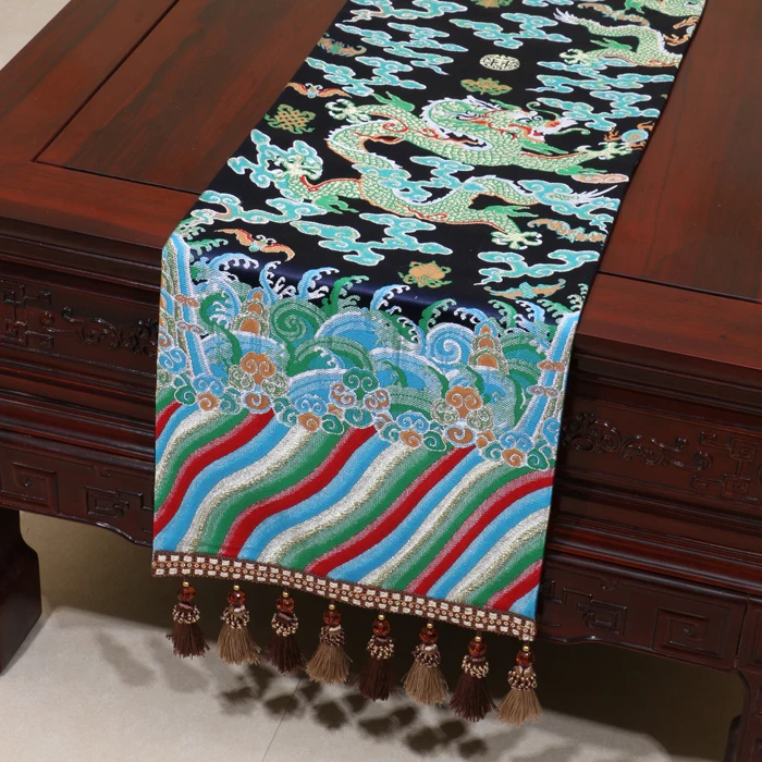 Custom Multi Tassel Thick Chinese Dragon Table Runner Cloth, High Density, Silk Brocade, Dinner Desk Mat, Luxury Bed Runner