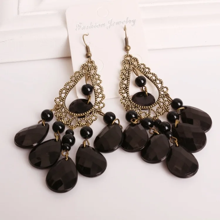 2016 Retro Fashion Hollow Tassel Earrings Boho Long Big Hanging Luxury Vintage Big Black Water Drop Earring With Stone For Women